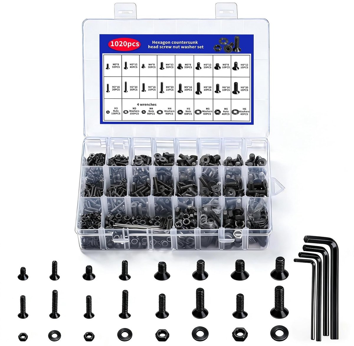 1020 stuks M3 M4 M5 M6 schroeven set, verzonken kop schroeven moeren set, schroefdraad schroeven sets, platte kop schroeven met moeren en ringen, inbus schroeven machineschroeven assortiment (zwart)