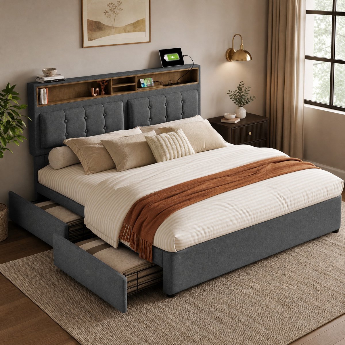 WUVRIE Gestoffeerd tweepersoonsbed 140x200 cm met 4 lades, USB-C en verstelbaar hoofdbord, grijs