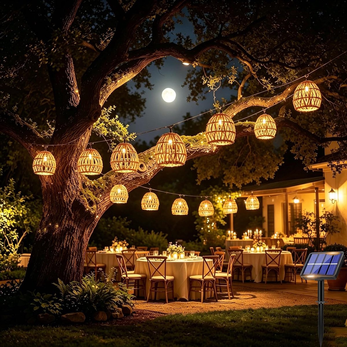 SnelShoppen - 10-delige LED Solar Lichtsnoer Buiten - Waterdichte Rattanbal Lampion voor Tuin, Balkon en Feest - Decoratieve Solarverlichting voor Bui