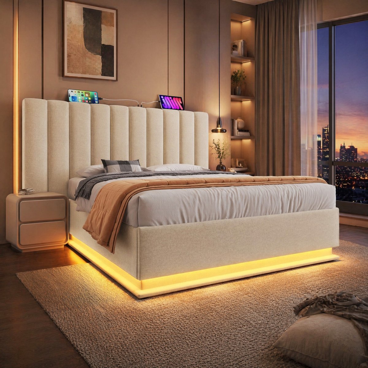 WUVRIE Gestoffeerd opbergbed 160x200 cm met LED, appbediening, USB-C en lattenbodem, beige