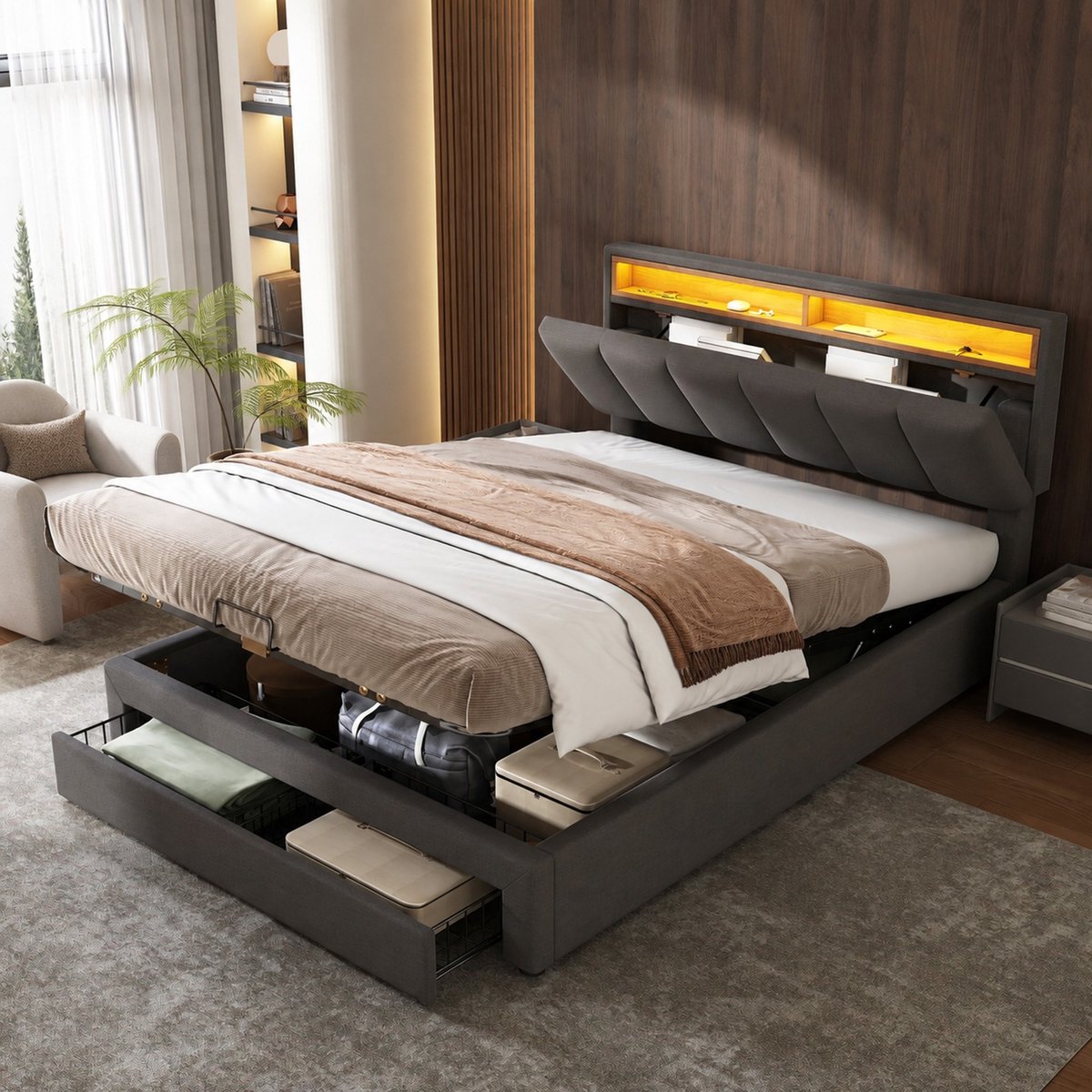 WUVRIE Gestoffeerd opbergbed 140x200 cm met LED-hoofdbord, lades en lattenbodem, grijs