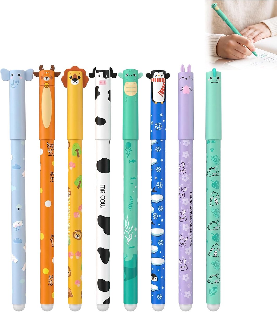 Set van 8 uitwisbare gelpennen, uitwisbare inkt, fijne punt 0,5 mm, schrijfpennen met diermotieven, intrekbare gelpen - ShopVlot