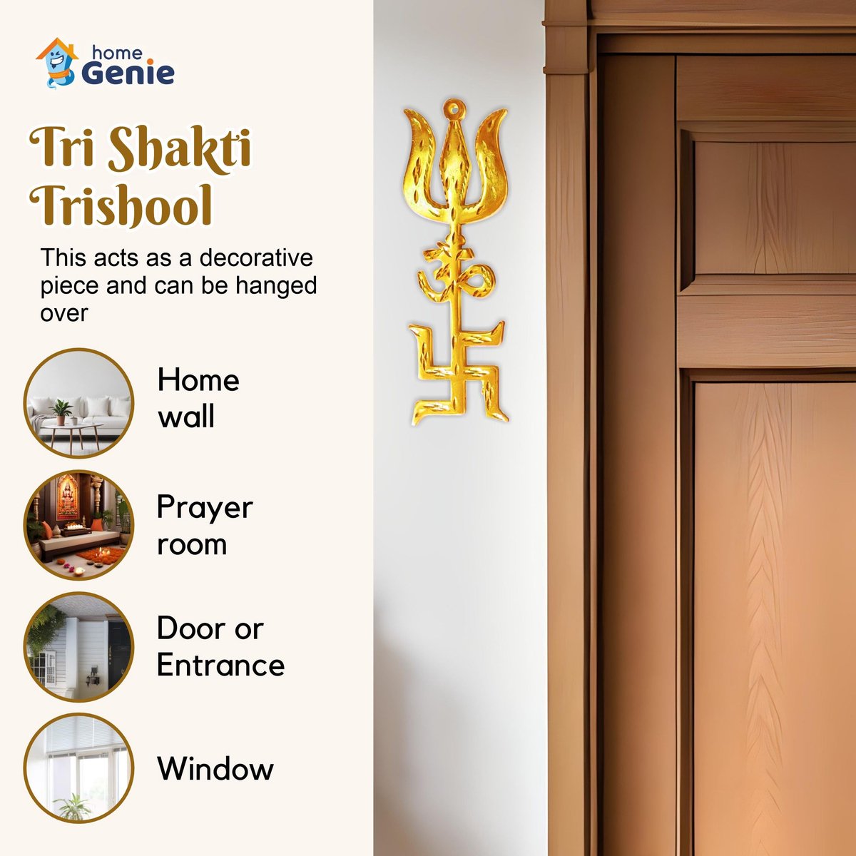 Trishool - Messing Trishul met Om en Swastik - Spirituele bescherming voor thuis - Vastu decoratie - ShopVlot