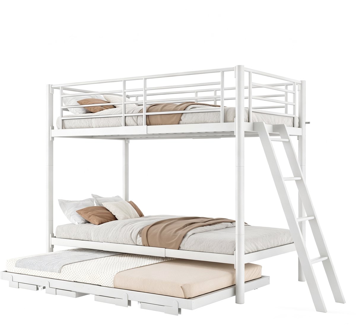MODENUIT Stapelbed – Uitschuifbaar Onderbed – 90 x 200 cm – Metaal en Hout – Wit – Voor Kinderkamers Met Ladder