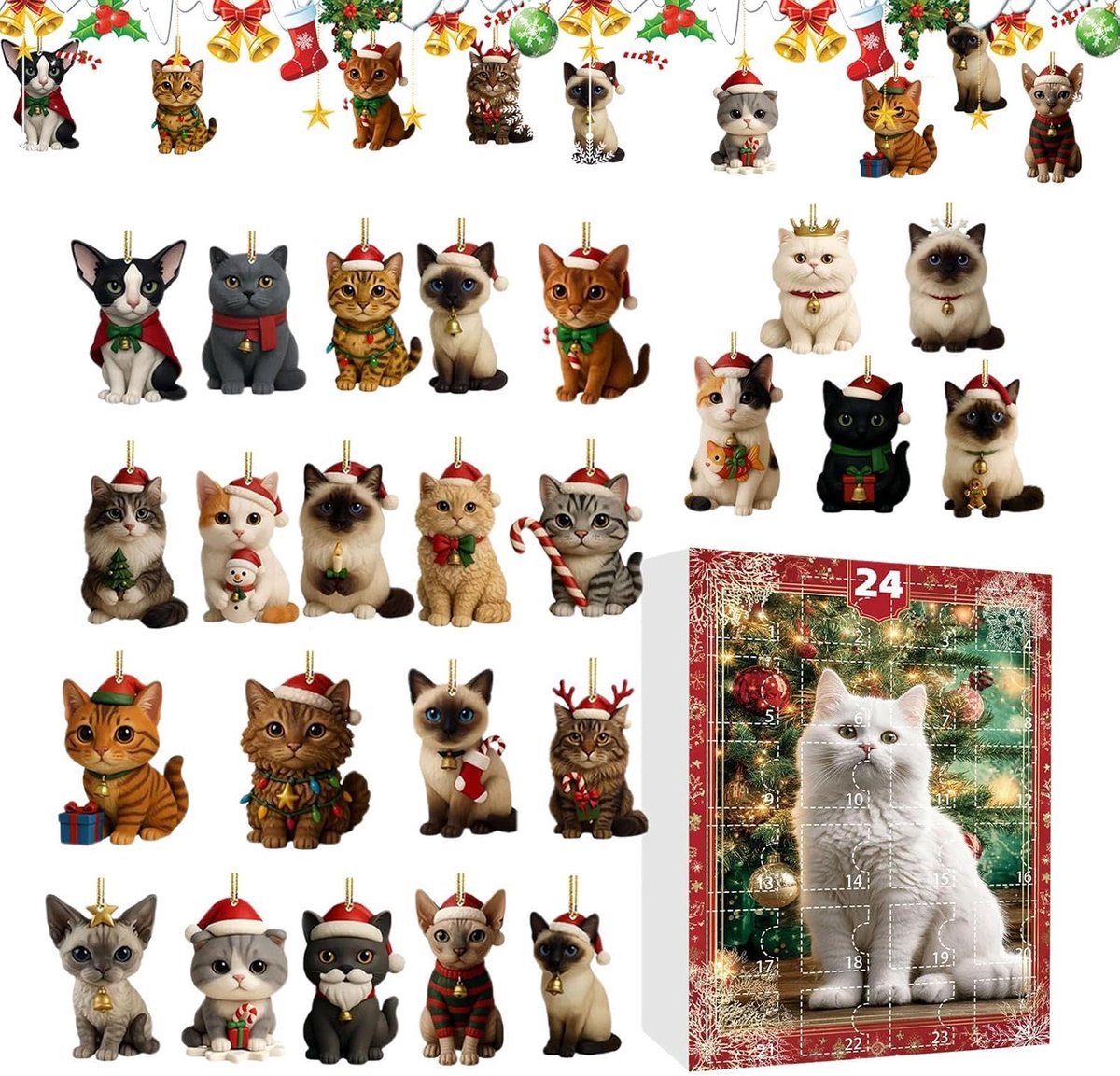 Kerst-aftelkalender voor kattenliefhebbers – 24 dagen met schattige kittens – 2D-acrylhanger voor thuis- auto- kerstboom- muur- deur- raam of feestdecoratie