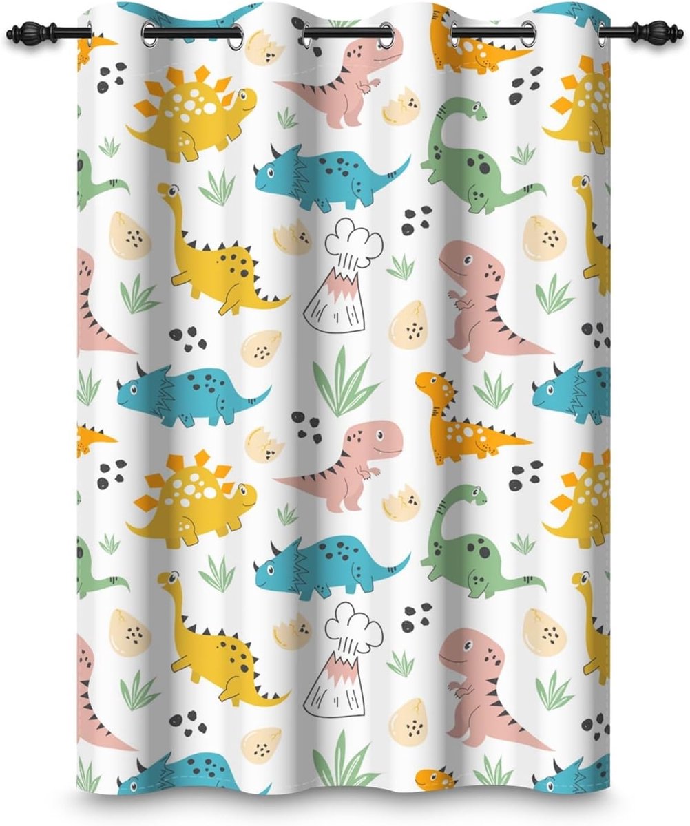 107 x 160 cm, Eyelet Curtain, Dinosaur Cartoon Children's Room, Cute Dinosaur Grass Room Divider, Opaque, Curtains for - ShopVlot