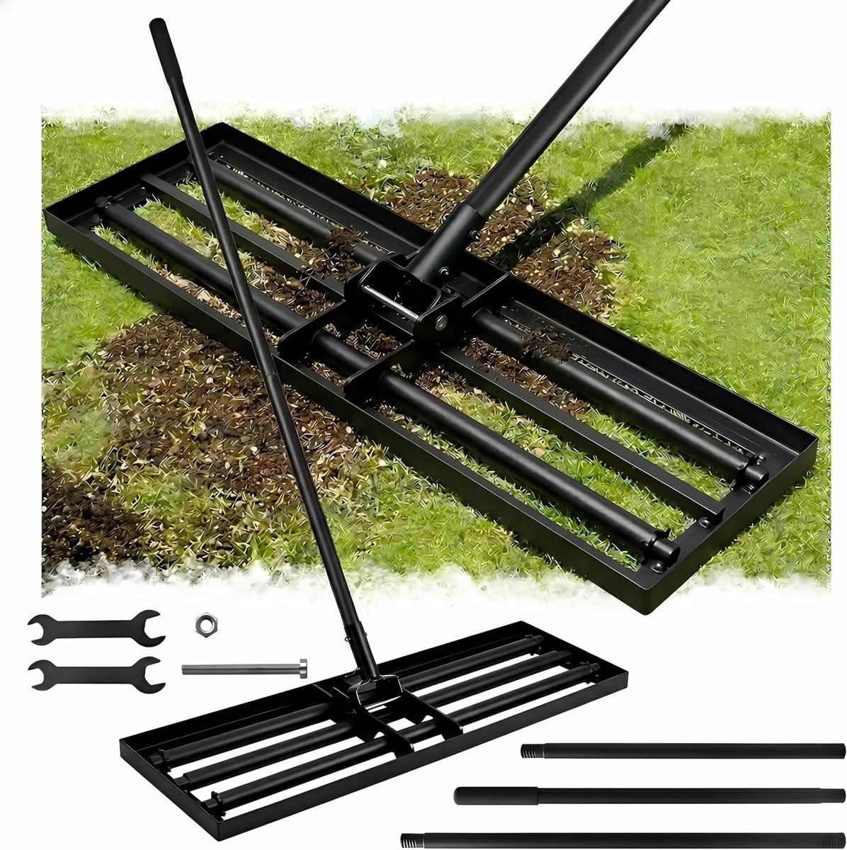 76x25cm met Rolkop, Gazonhark met Verstelbare 207cm, Zware A3 Stalen Gazonrakel voor Tuin, Golfbaan, Bodemzand, Gazonverzorging, Gazon Zand