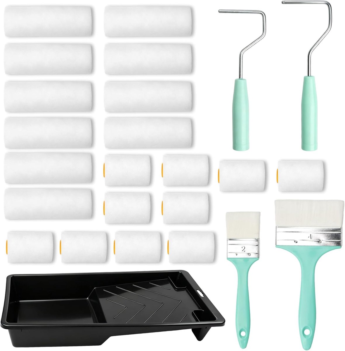 Verfrollerset, 25-delige schilderset, 20 schuimrollen (10 cm/5 cm), 2 verfrollergrepen, 2 penselen voor muren, 1 verfbak, verfset, verfrolhouder, schilderset om te schilderen