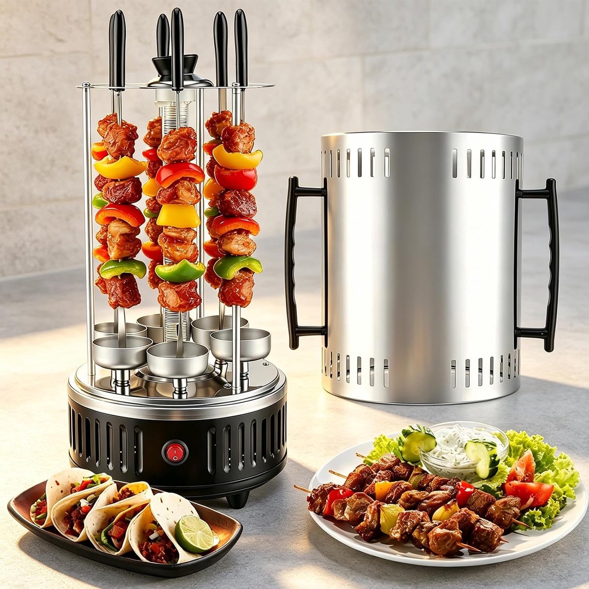 Elektrische tafelgrill, verticale barbecue van roestvrij staal, sjasliekgrill met 12 spiesen en 2 glazen buisverwarmingen, 1000 W, rookvrije binnengrill voor thuis, balkon, tuin