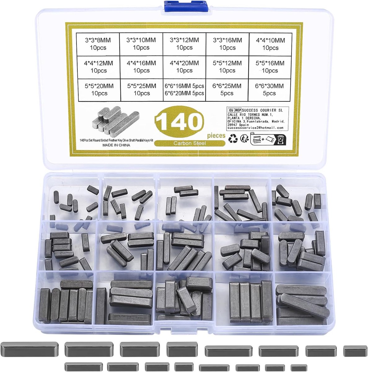 140 stuks veerwiggen, assortiment paspoorveren, 3-4-5-6 mm parallelaandrijvingssleutel, veersleutel, meeneemwigset, vliegwiel, riemschijf, krukassen, assortimentskit
