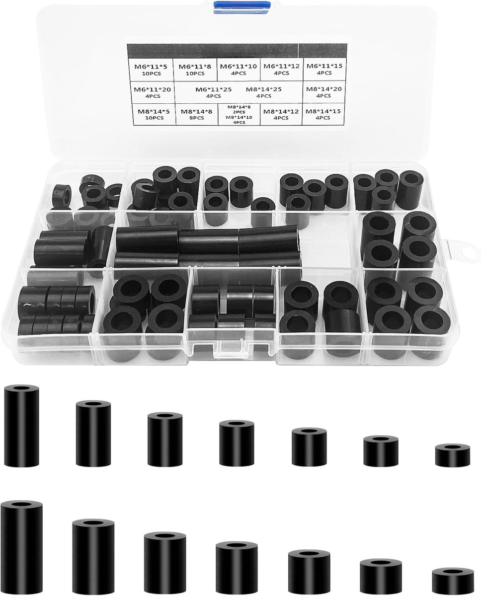 80 stuks ABS ronde afstandhouders assortiment kit, M6 M8 schroeven nylon geen schroefdraad kolom afstandhouders met kunststof doos (zwart)