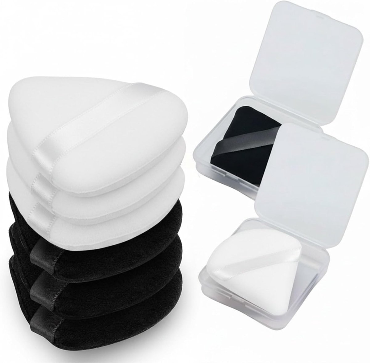 6 stuks driehoekige poederdons met 2 reisetuis, fixeerde poederdons voor gezichtspoeder en foundation, zachte velours make-up puffs voor losse poeder (Zwart/Wit)