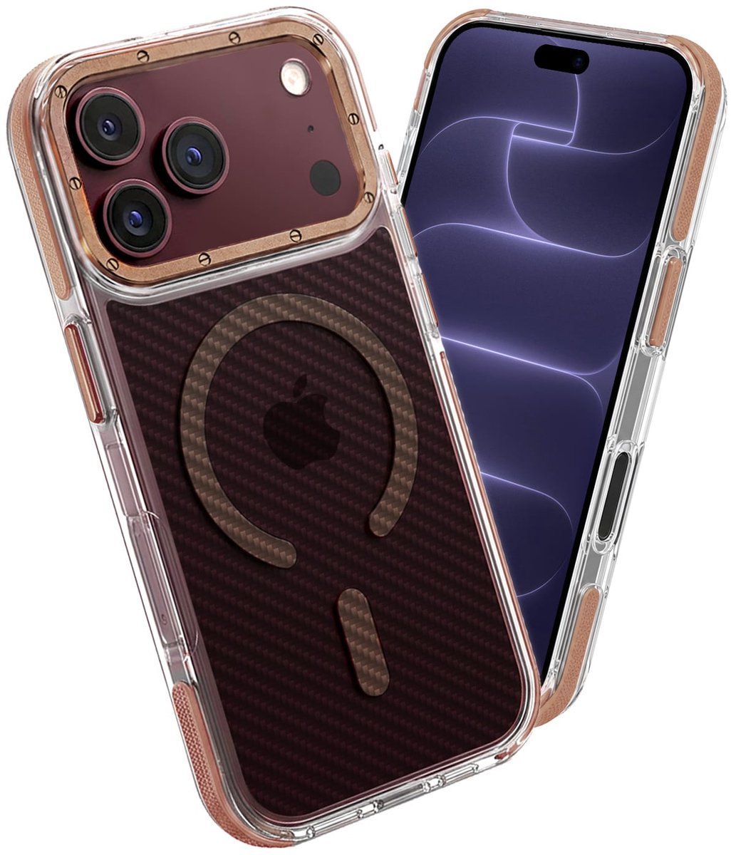 Hoesje - Geschikt voor Apple iPhone 18 Pro - Magsafe Compatible - Carbon Look - Sterk & Shockproof - Back Cover - Telefoon Hoes Shockproof - Shock Proof Case - Telefoonhoes - Bruin