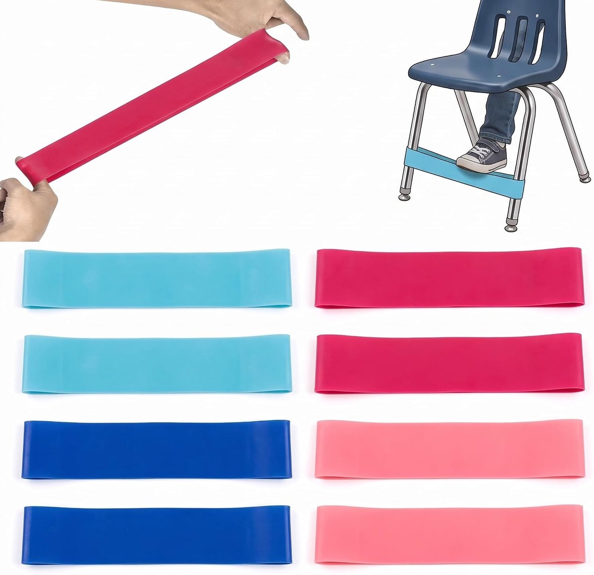 Kleurige Sensory Stoelbanden - 8 Stuks, 0.5mm Dikke Stoelbanden voor Kinderen, Flexibele en Rekbare Voetbanden voor ADHD, Autisme en Klaskamers