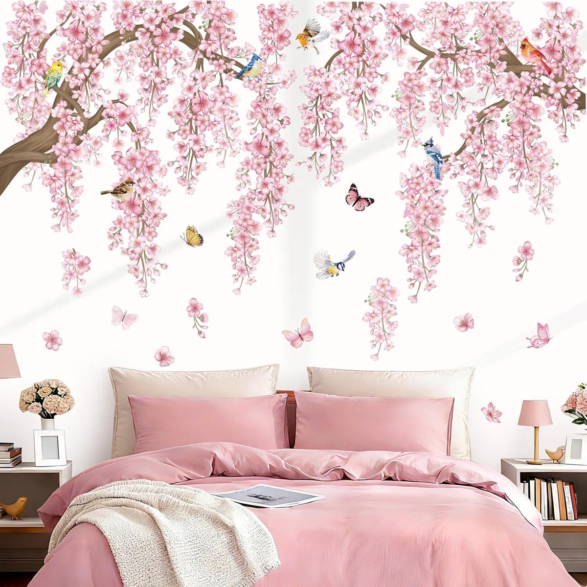 Wandstickers grote roze bloemen - zelfklevend PVC - cherry blossom takken met vogels - eenvoudig aan te brengen - ShopVlot