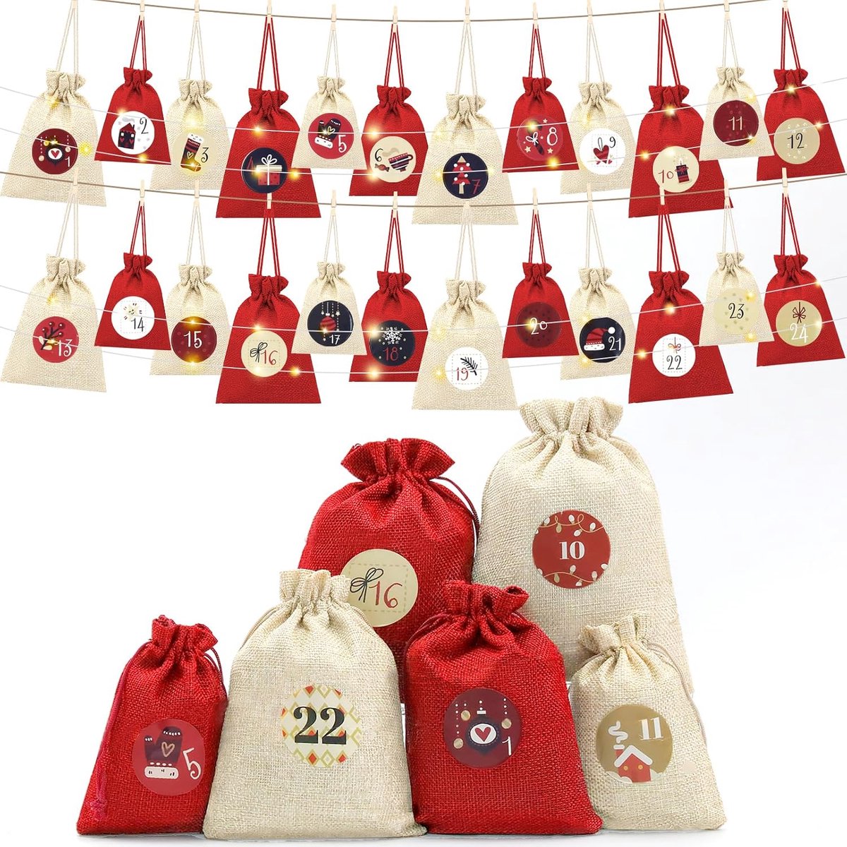 Advent Calendar for Filling 2025 - 24 Bags in 3 Sizes with Numbers 1-24, Advent Calendar Fabric Bags with LED Lights - ShopVlot