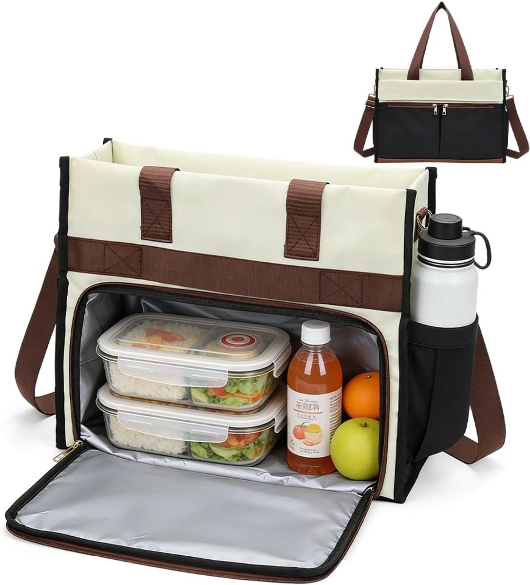 Lunchtas voor dames, lunchtas met koelvak, 15,6 inch laptoptas met geïsoleerd lunchvak, aktetas, waterdicht - ShopVlot
