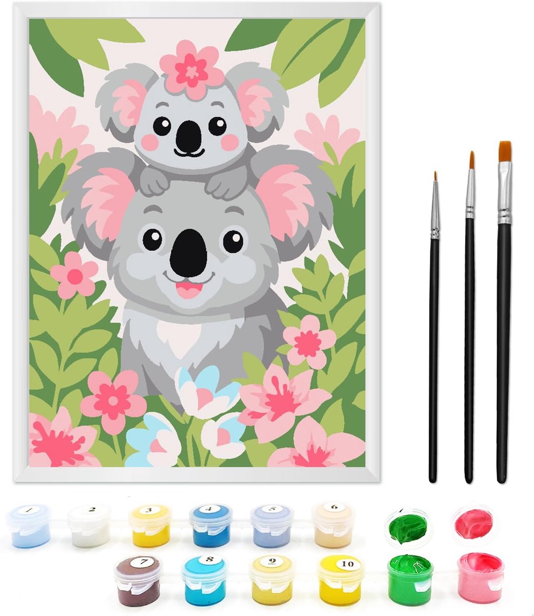 SnelShoppen - Schilderen op Nummer voor Kinderen 5-7 Jaar, Creatief Schilderpakket met Lijst, 3 Penselen, Acrylverf, Moederkoala met Kleintje, 18 x 24