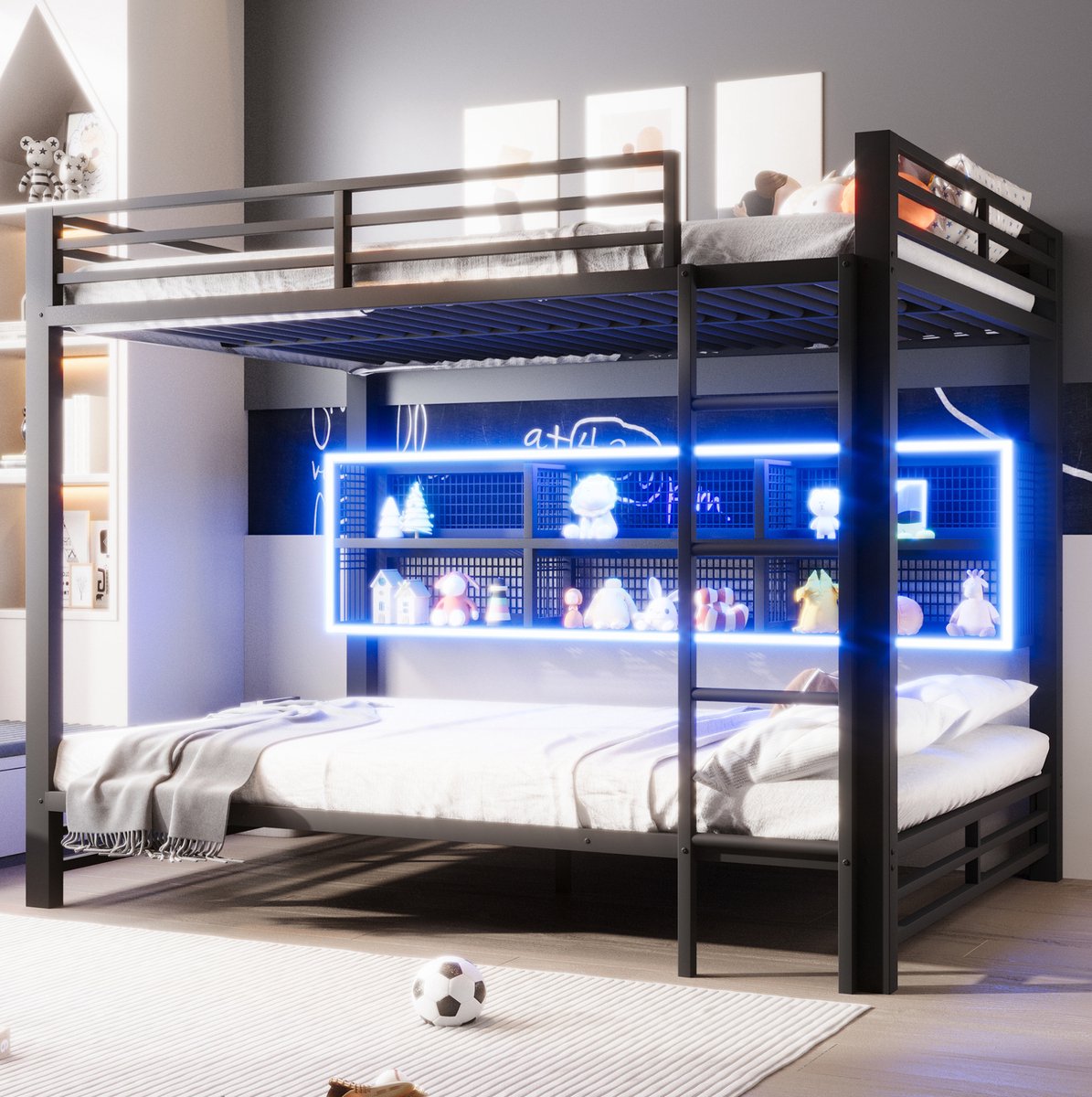 WUVRIE Metalen stapelbed 140x200 cm met 6 opbergkasten, LED-verlichting en uitvalbeveiliging, zwart