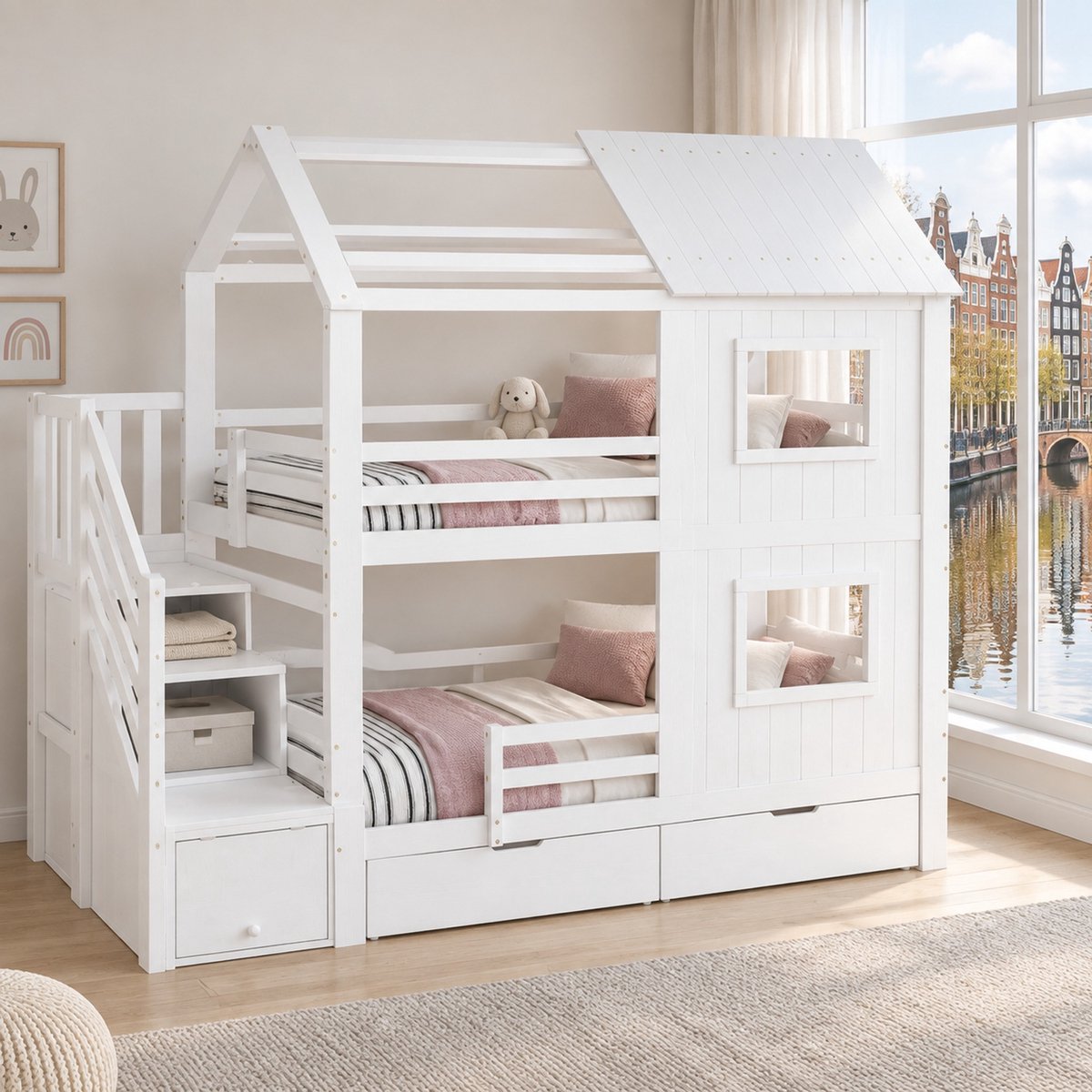WUVRIE Stapelbed 90x200 cm met opbergtrap, bedlade en lattenbodem, wit