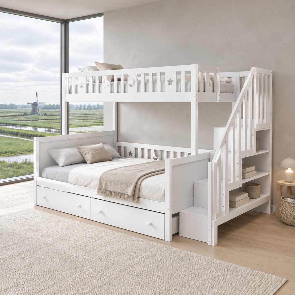 WUVRIE Stapelbed 90x200 en 140x200 cm met opbergtrap, 2 lades en lattenbodems, wit