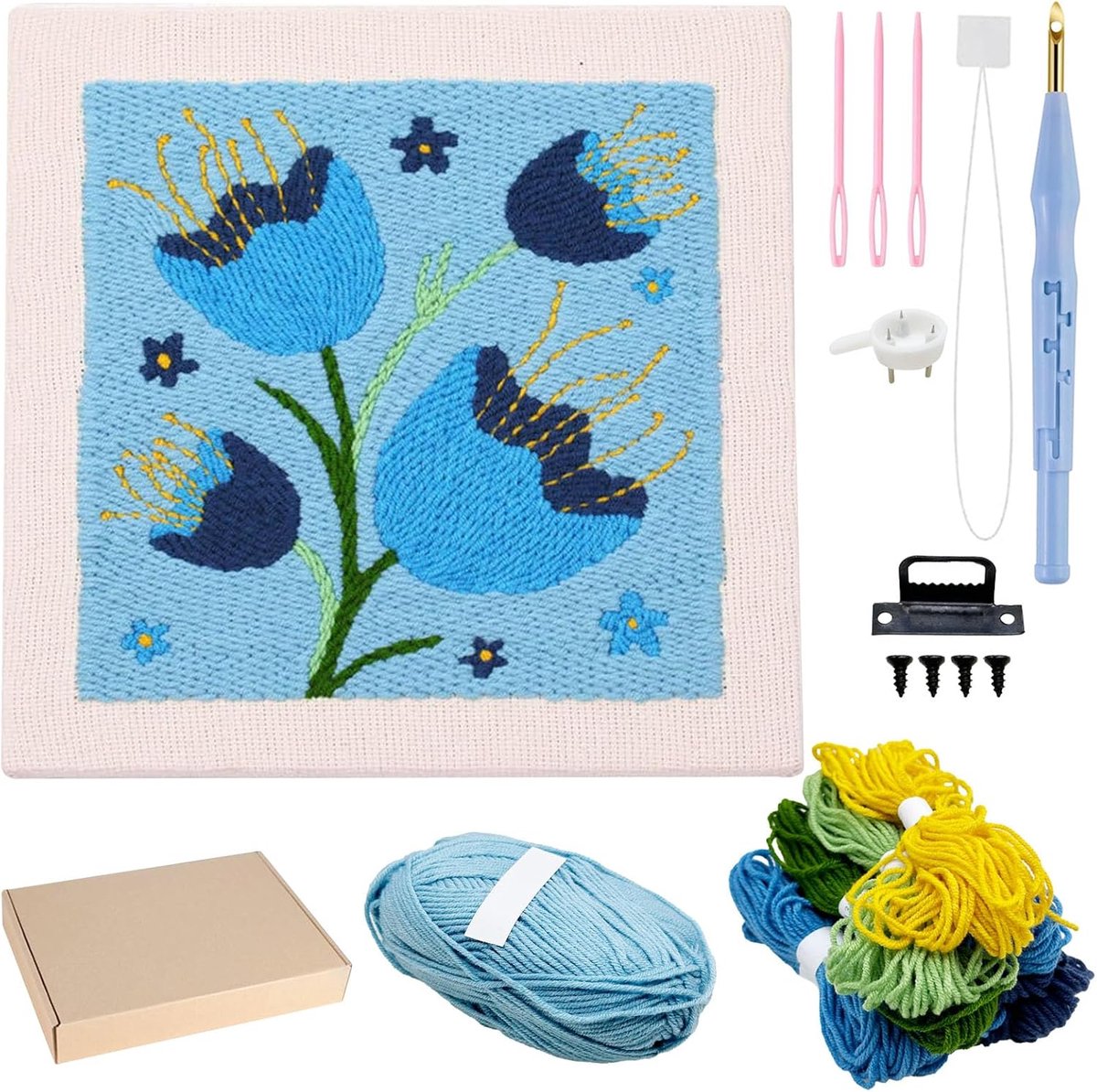 Punch Needle Startpakket, Punch Needle Borduurset met Frame, Vierkant Weefsel met Bloemmotief, Ring, Garens (Blauw)