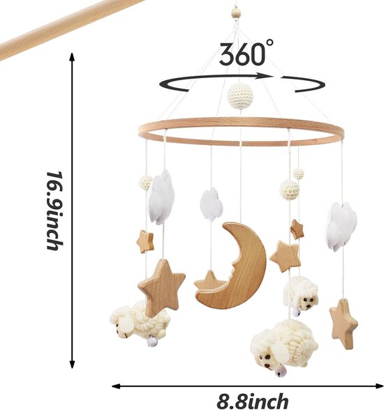Schaap Babybed Mobiel - Windspel Met Wolken, Maan, Ster - Beige Boho Bedbel - Babyspeelgoed Voor Meisjes of Jongens — afbeelding 2