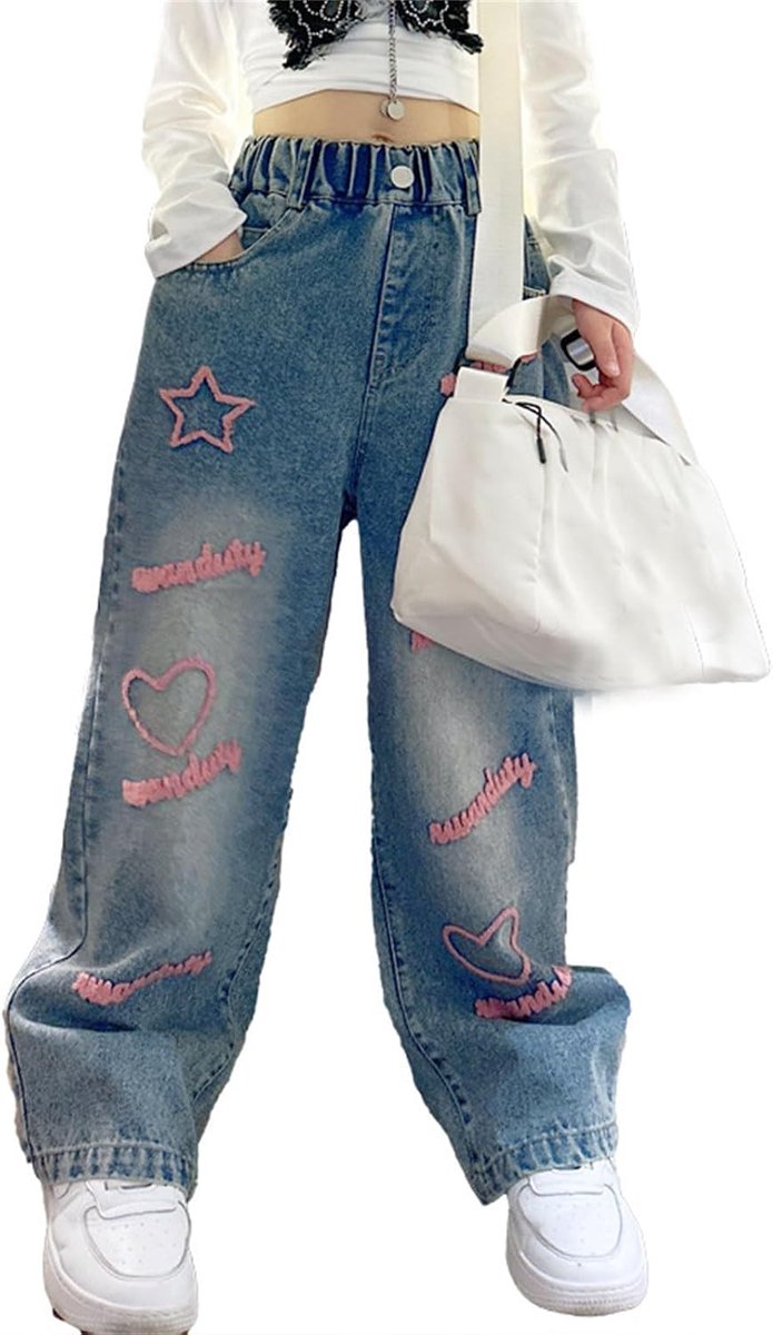 Jeansbroek voor meisjes met elastische tailleband en versleten look