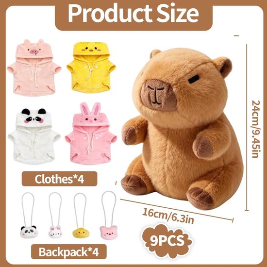 9 stuks 30 cm pluche Capybara, schattige Capybara pluche pop met kleding, pluche pop, simulatie speelgoed van Capibara, cadeau voor kinderen, cadeau voor verjaardag, Kerstmis — afbeelding 2