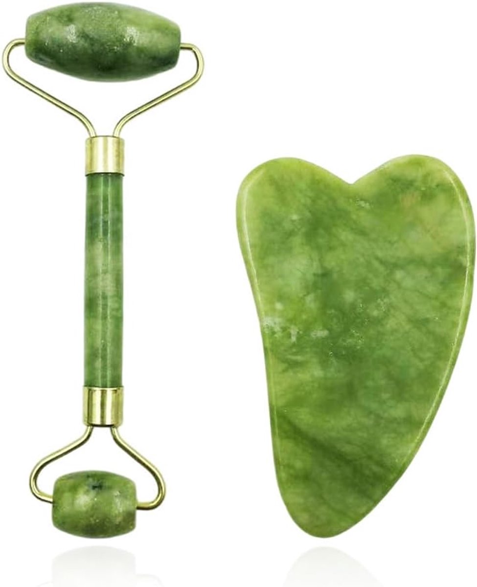 Sha Board & Jade Roller Gua Sha Gezichtsmassageapparaat Cadeau Huidverzorging Anti-Aging Anti-Rimpel Verstevigende Gezichtsrol (Groen)