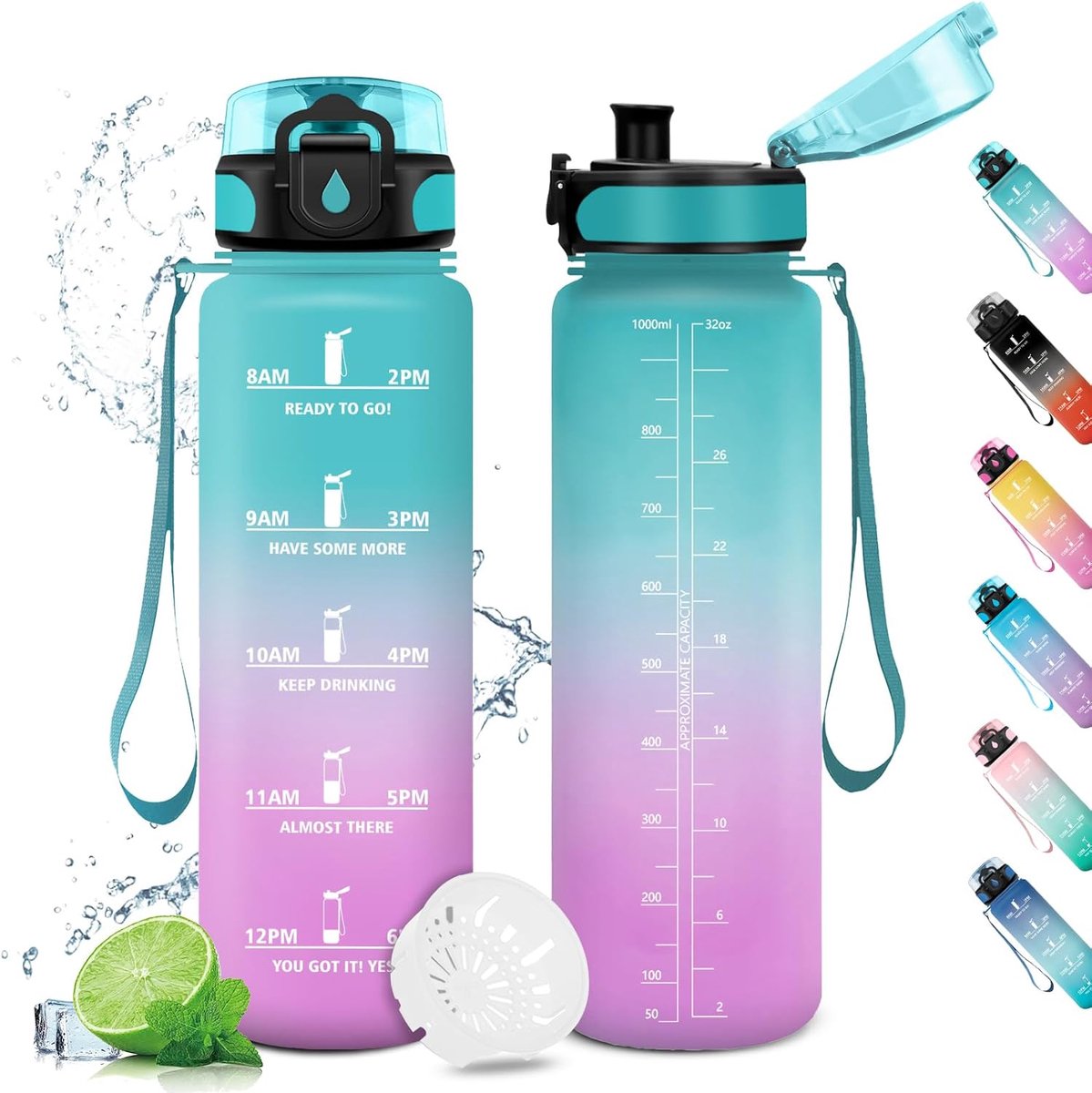 Sport, 1 liter, motiverende drinkfles met tijdmarkering, lekvrij, waterfles met filter, geschikt voor koolzuurhoudende dranken, sportfles voor gym, fitness, kantoor, school, yoga, outdoor
