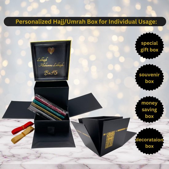 And Hajj Kaaba geschenkdoos voor Hajj en Umrah, met 2 satijnen cadeaulinten en 4 metallic markers — afbeelding 5