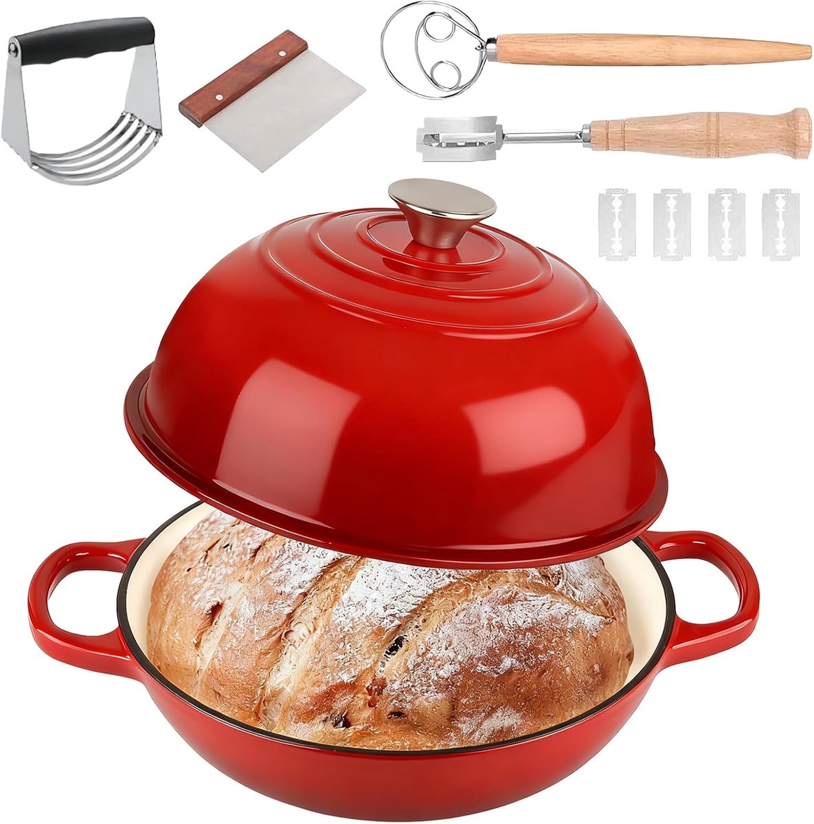 Braadpan, ovenschaal van gietijzer, 5,7 l, met deksel en handvat en brood, gistingsaccessoires, 26 cm, geëmailleerde Nederlandse oven, braadpan voor koken, vlechten en