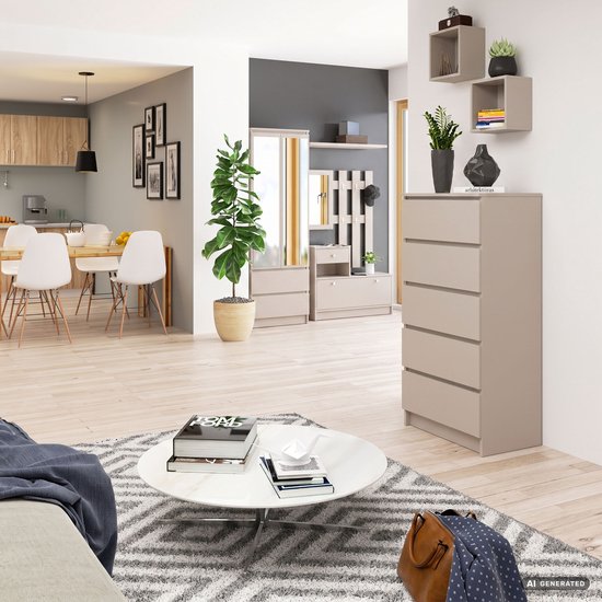 Beige ladekast met vijf lades in een moderne woonkamer met een bank, salontafel en keuken in de verte.