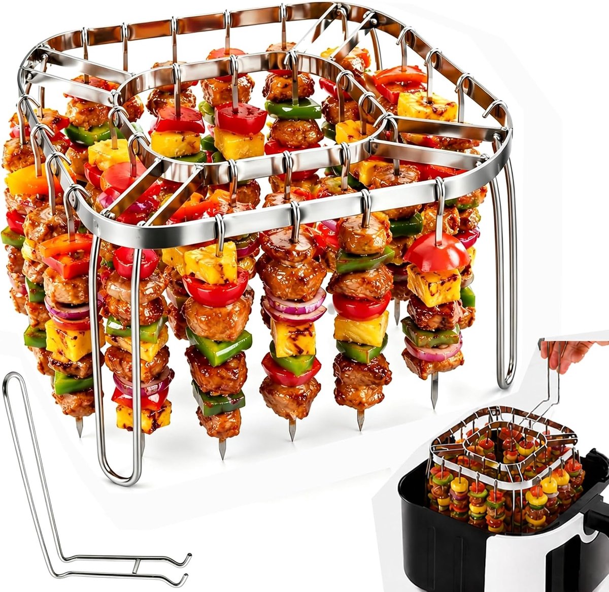 Heteluchtfriteuse, spieshouder, frame, rooster, accessoireset van roestvrij staal met 28 spiesen en hefter, vierkant grillrooster 15,7 x 15,7 x 10 cm, voor airfryer liter