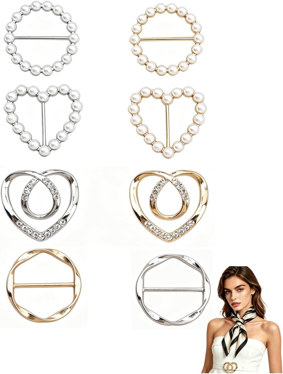 8 stuks halsdoekhouders voor dames, metalen ringen met cirkel en hart, goud en zilver, ideaal voor zijden sjaals en pareo