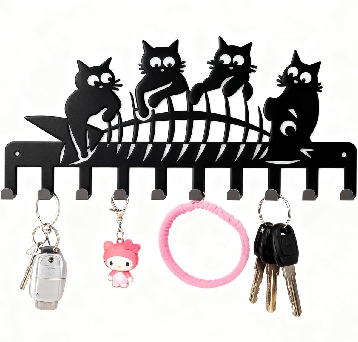 26 x 12 cm wandsleutelhanger, sleutelhouder van zwart metaal met 8 haken, kattenmotief, wandhaak, decoratief voor hal, voordeur slaapkamer (vier kittens)