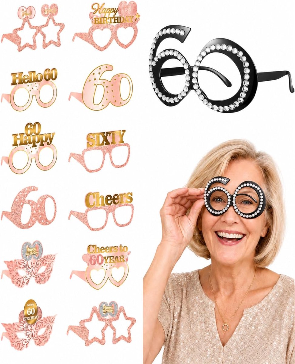 Brillen 60 jaar - 1 stras, 12 rozen, grappige fotobooth