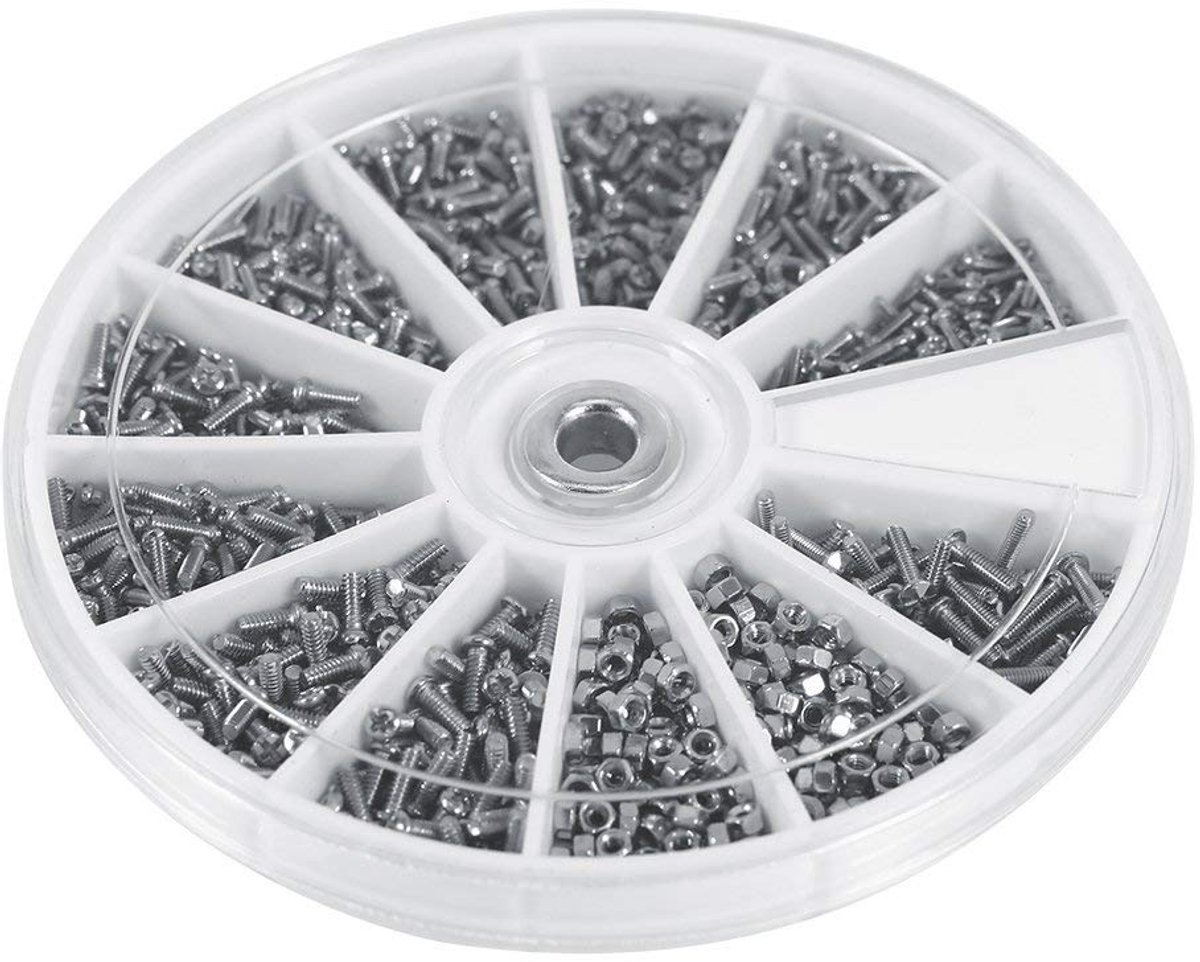 600 stuks roestvrijstalen schroeven en moeren, 12 soorten micro schroeven reparatieset brilschroeven bril reparatie dimensie kleine stalen schroeven moeren bouten M1 M1.2 M1.4 M1.6