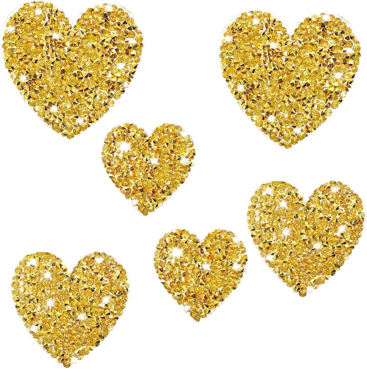 Set van 6 hartvormige opstrijkbare patches, gouden glitter strass, iron-on patches voor hoeden en kleding