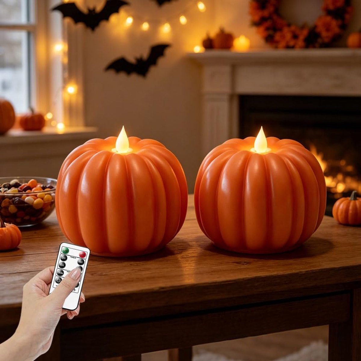 Led-kaars, set van 2 pompoenkaarsen op batterijen met afstandsbediening, kaarsen flikkerende vlam, kaarsen zonder vlam, munies, decoratie voor Halloween en herfst, voor binnen