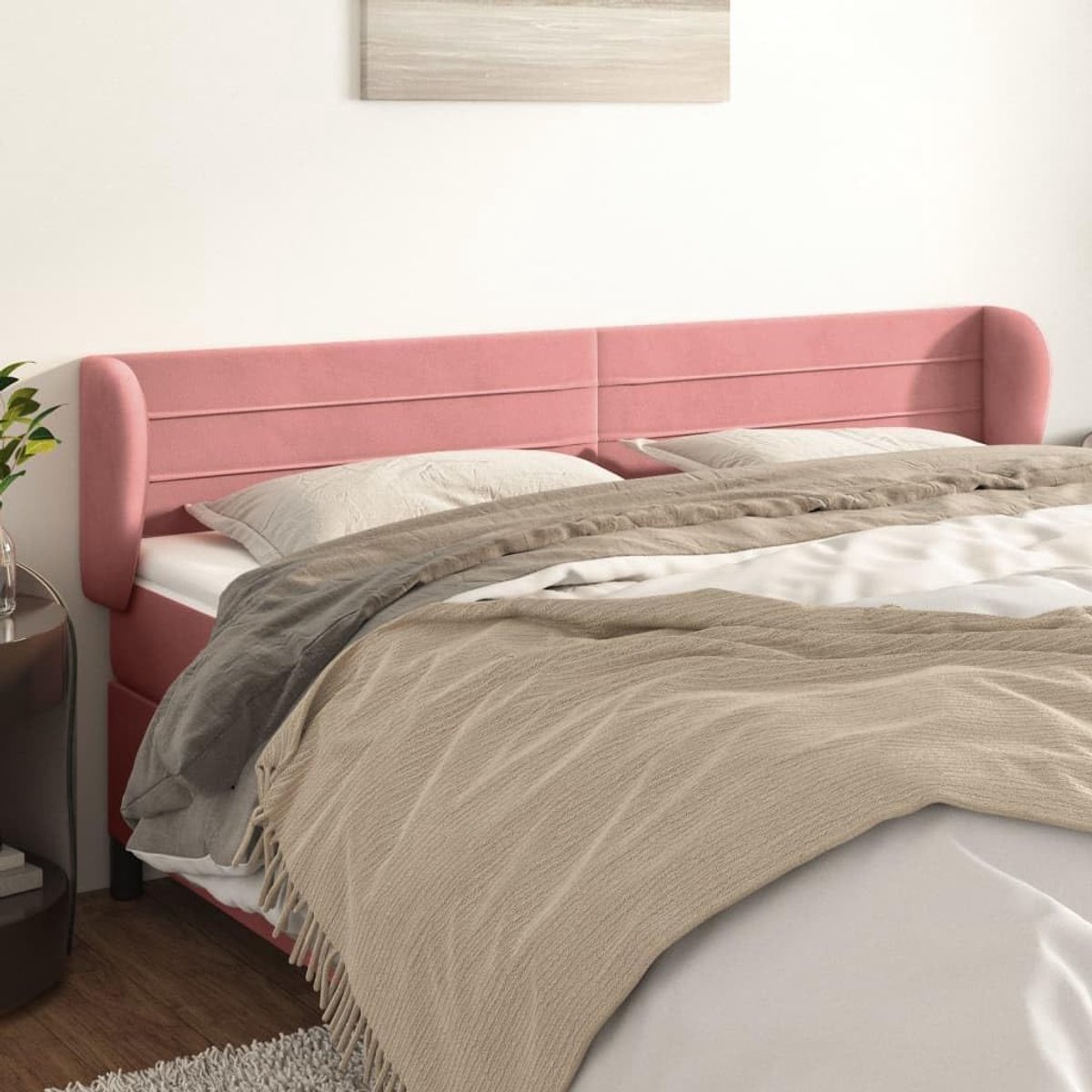 Hoofdbord met oren, roze, 183 x 23 x 78/88 cm, fluweel, voor de slaapkamer, hotelhoofdeinde, werkkamer, voor slaapkamer, tweede slaapkamer, hotel
