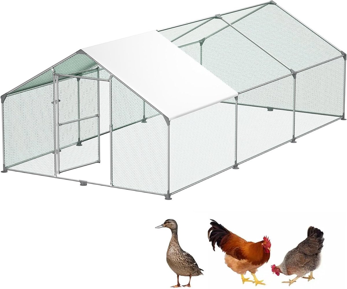Vrijloophok, kippenhok, 3 x 6 x 2 m, buitenhek, gecoat PE-schaduwdak, verzinkt stalen frame, gebruikt voor kippen, pluimveehokken, vogelkooien en kleine dieren