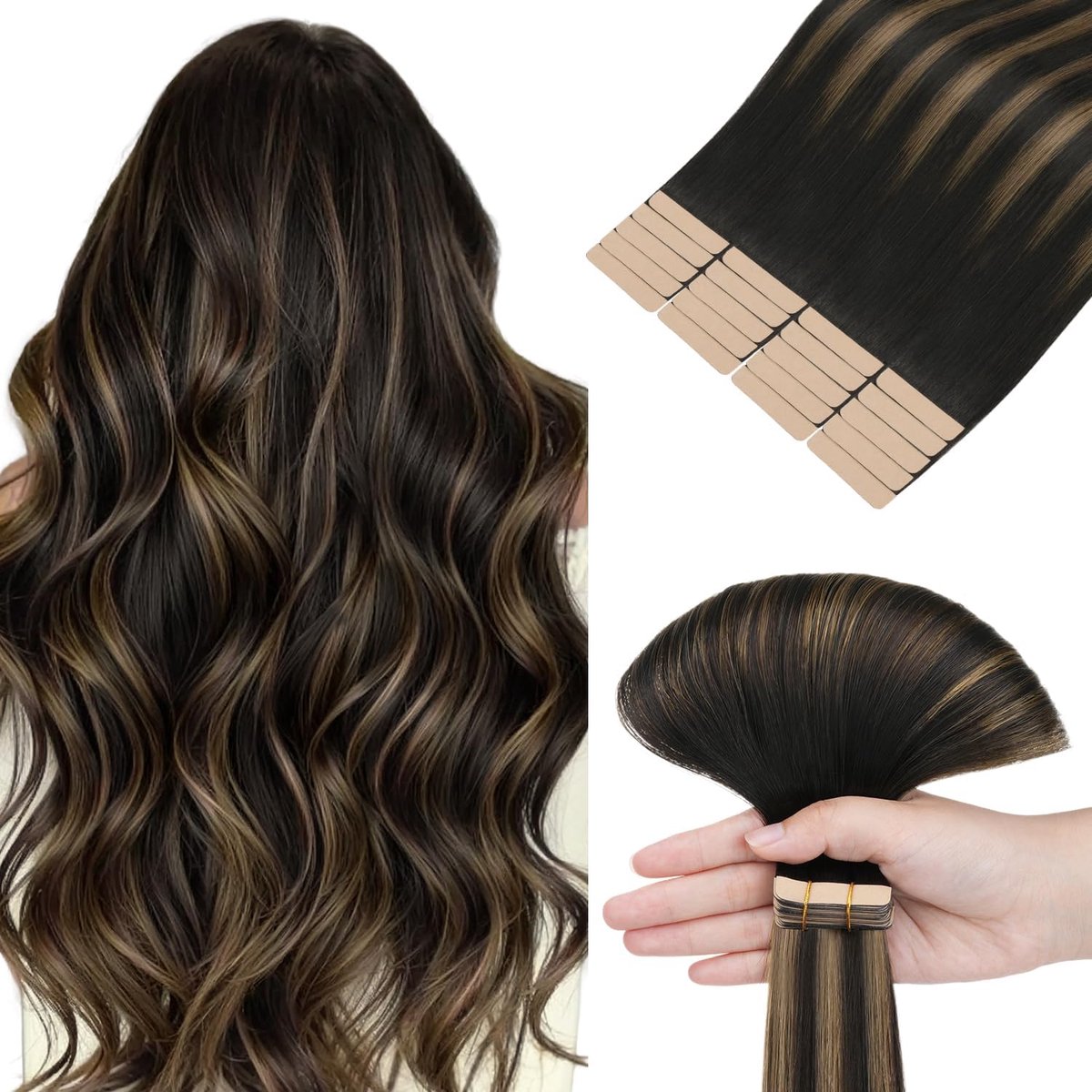 Hotbanana Tape-in extensies, echt haar, 60 cm, tape-extensies, echt haar, 60 cm, 20 stuks, 50 g, balayage, natuurlijk zwart tot kastanjebruin, echt haar, tape, steil Remy-haar, tape-in extensies