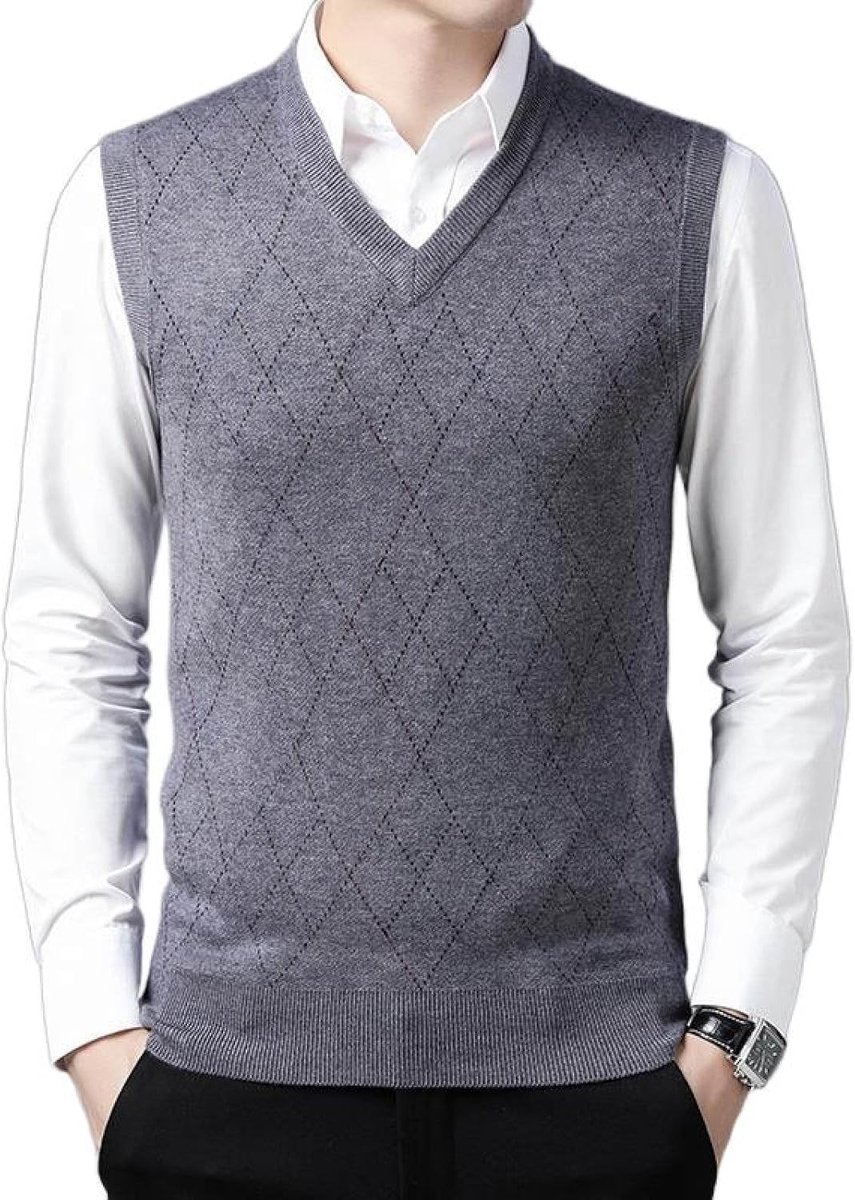 Argyle V-Hals Gebreid Vest, Klassiek Mouwloos Vest Verdikt Heren Kasjmier Trui Vest Herenkleding, Business Gentleman Knitwear Gebreid Vest Sweater Tank Tops,Grijs,S