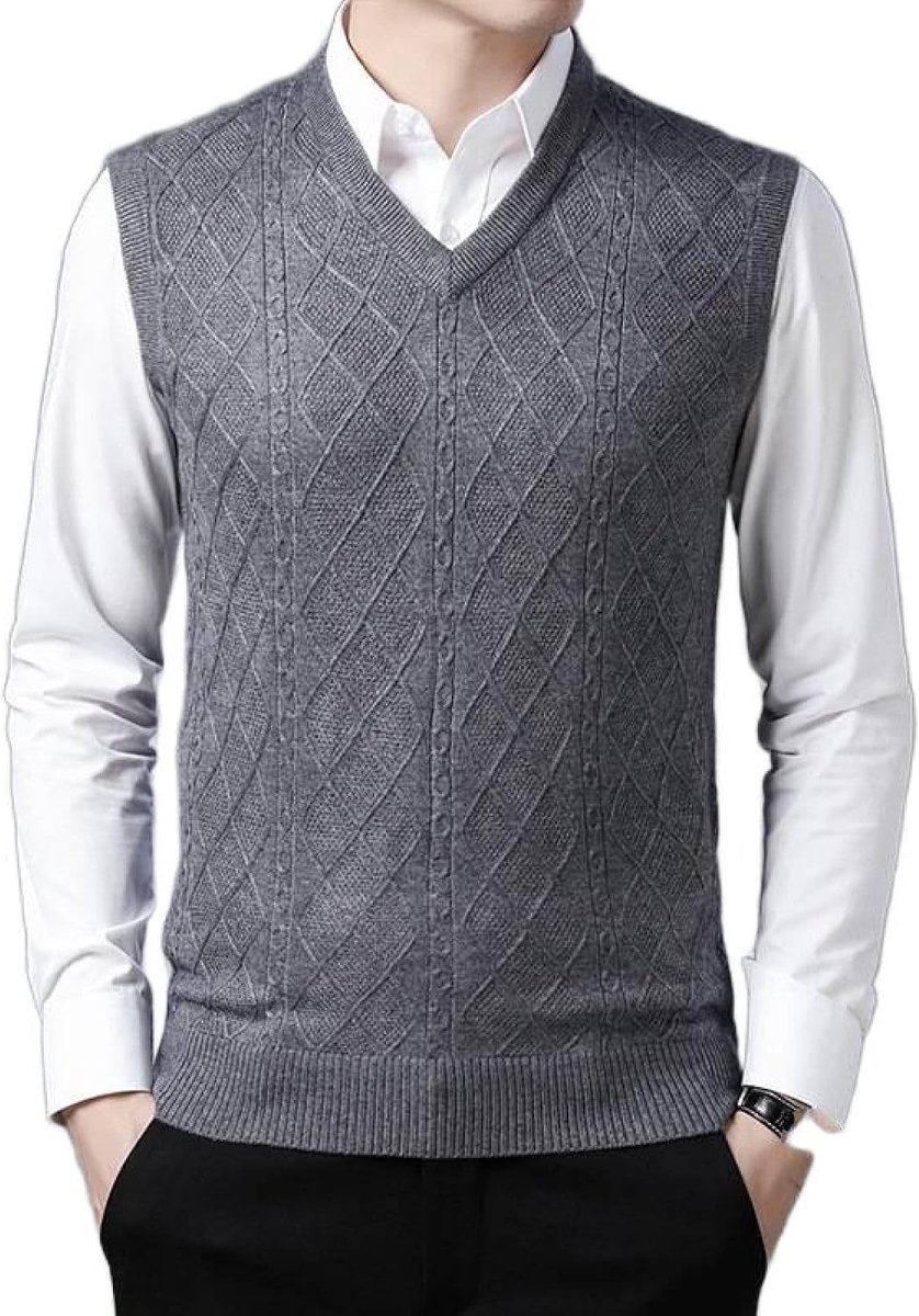 Herenvest Met V-Hals, Herfst En Winter Klassiek Kabelgebreid Vest Pullover Casual Gebreid Vest Dieptepuntoverhemd, Klassiek Zakelijk Herengebreid Vest Trui Tanktops,Grijs,S