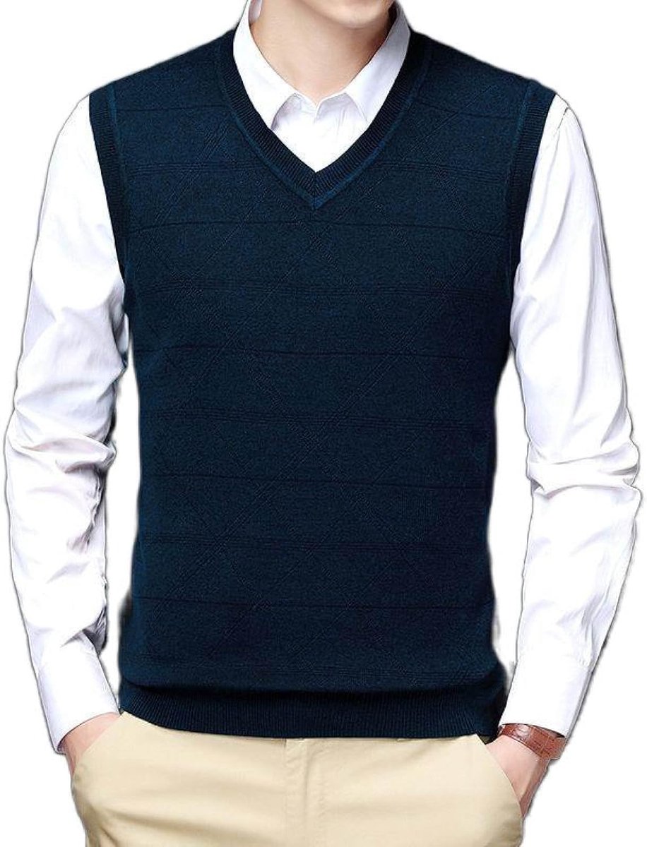 Kasjmier Vest Met V-Hals, Winter Contrasterende Kleuren Gestreept Mouwloos Gebreid Vest Pullover Trui Vest, Klassiek Zakelijk Heren Gebreide Vest Trui Tanktops, Blauw, S