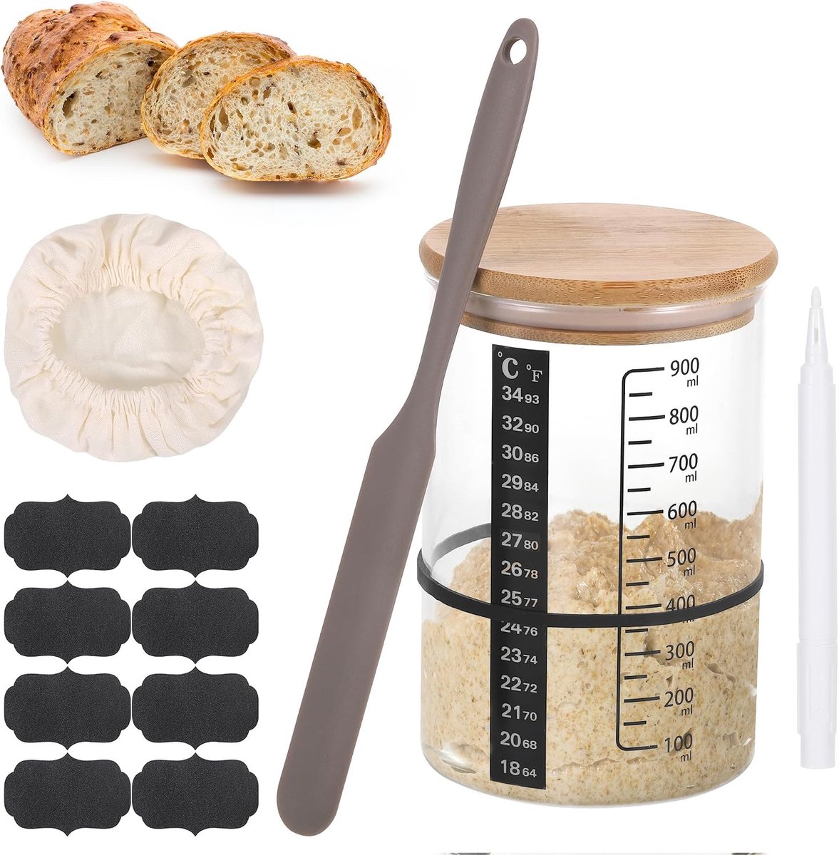 Starter Kit, 907g Zuurdesem Starter Pot met Siliconen Spatel, Doekhoezen, Datum Markeringen, Volgband, Houten Deksel, Temperatuur Marker, Herbruikbare Brood Bakbenodigdheden