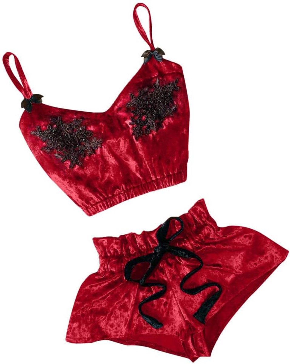 Nachtkleding kant lingerie nachtjurk lingerie sexy jurk met string voor damesDames Pyjama Set V-hals Sexy Hemdje Geborduurde Slaap Tops Shorts Set Pyjama-Red_L