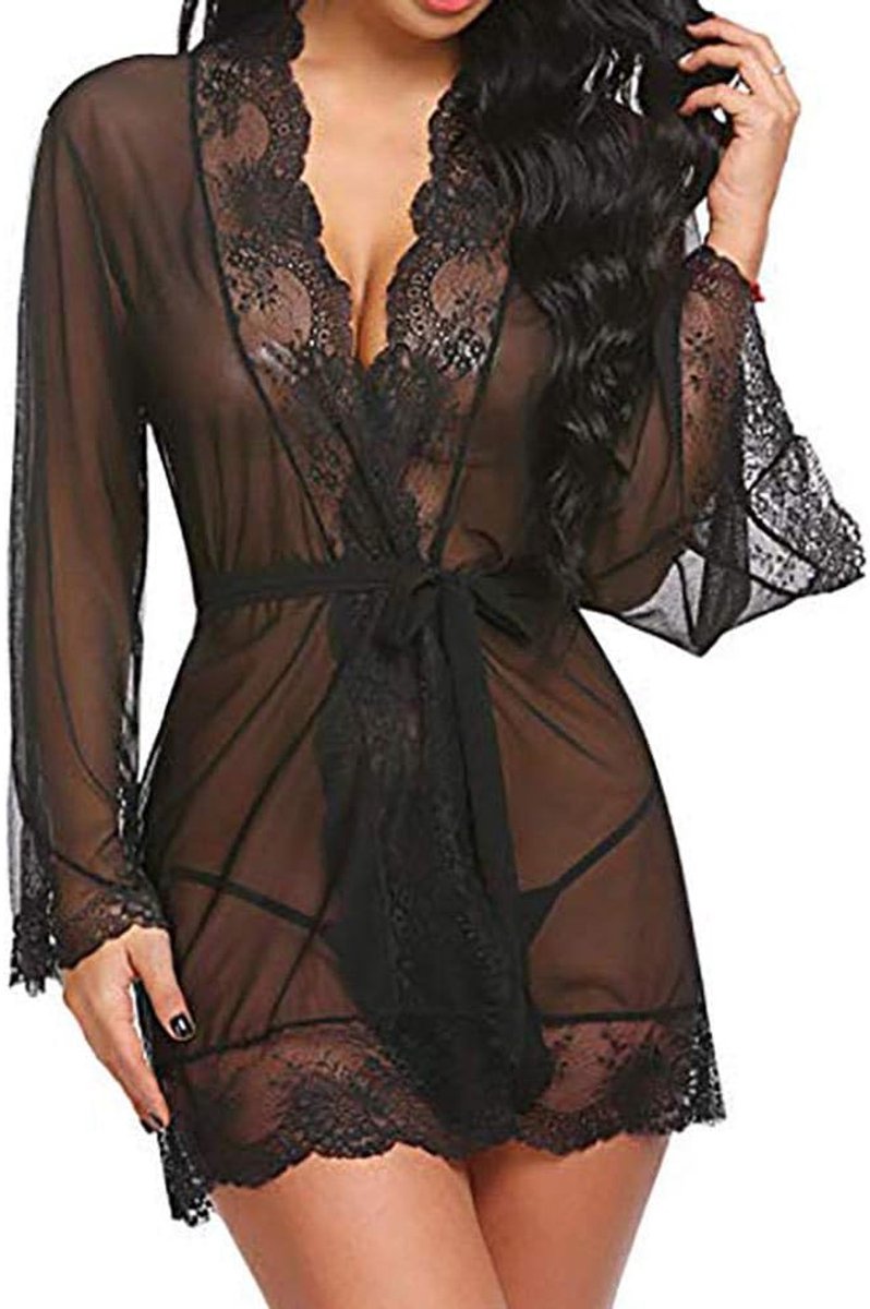Babydolls, nachtjaponnen & negligés Vrouwen Lace Transparente Nachtkleding Sexy Lingerie Ondergoed Sling Lace Racy Temptation Erotische Lingerie Sexy-Black_M